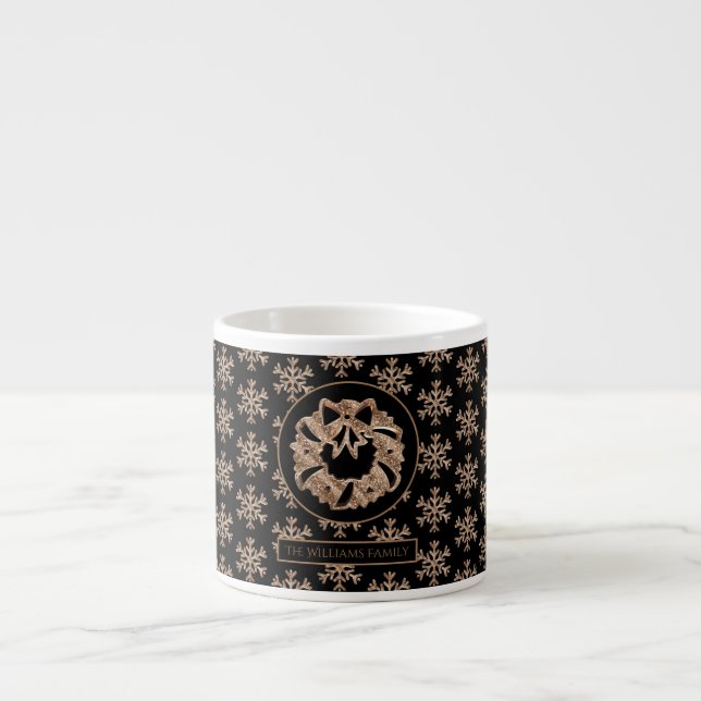 Christmas Wreath Snowflakes Black and Gold Elegant Espresso Cup (Front)