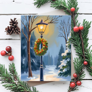 Christmas Wreath Snowy Street Lamp Watercolor Holiday Card