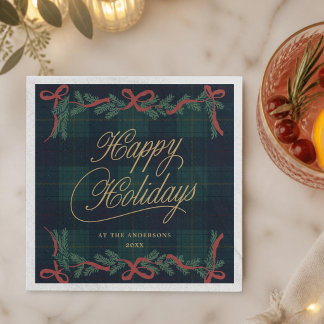Christmas Wreath Tartan Plaid Holiday Cocktail Napkin