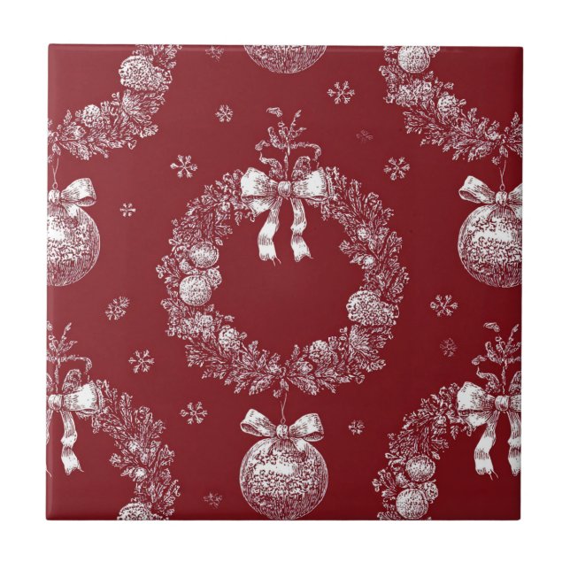 Christmas Wreath Toile on Deep Red Ceramic Tile (Front)
