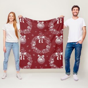 Christmas Wreath Toile on Deep Red Fleece Blanket