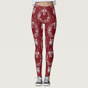 Christmas Wreath Toile on Deep Red Leggings