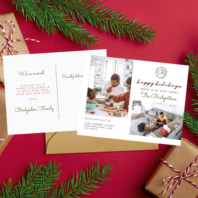 Christmas Wreath Two Photo Holiday New Home Moving Announcement Postcard (Creator Uploaded)