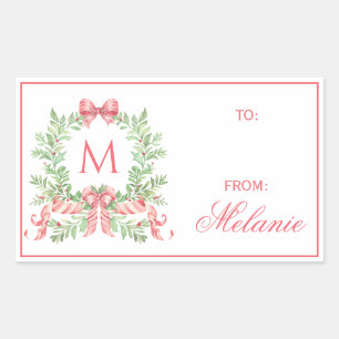 Christmas Wreath w/ Bow Monogram Rectangular Sticker