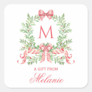 Christmas Wreath w/ Bow   Monogram Square Sticker