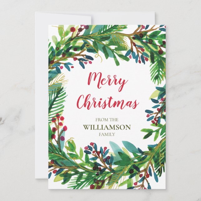 Christmas Wreath Watecolor Holiday Family Name Card (Front)