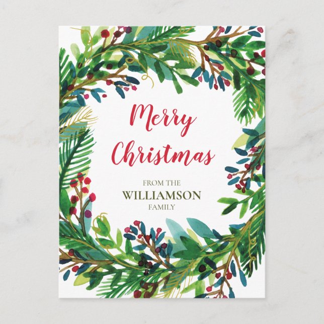 Christmas Wreath Watecolor Holiday Family Name Postcard (Front)