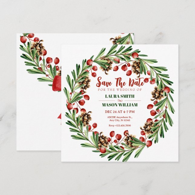 Christmas wreath wedding save the date (Front/Back)