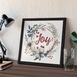Christmas wreath, white flowers and berries joy poster