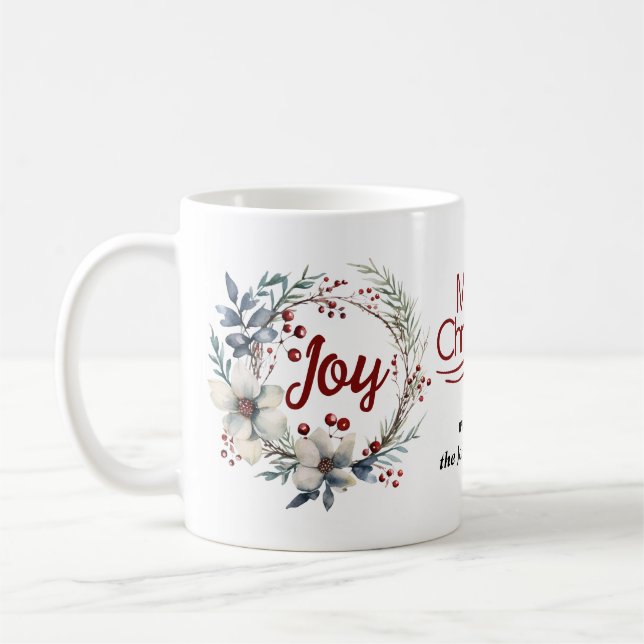 Christmas wreath, white flowers, red berries Joy Coffee Mug (Left)