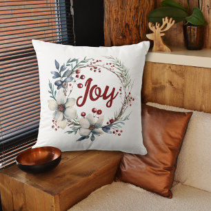 Christmas wreath, white flowers, red berries Joy Cushion