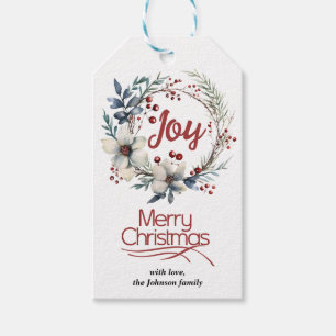 Christmas wreath, white flowers, red berries joy gift tags