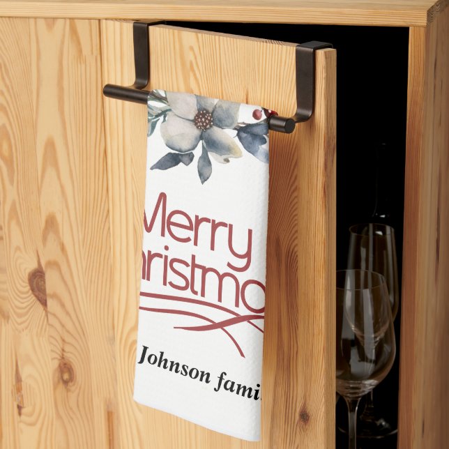 Christmas wreath, white flowers, red berries joy tea towel (Thirds Fold)