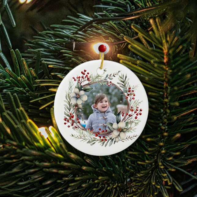 Christmas wreath, white flowers, red berries photo ceramic ornament (Creator Uploaded)