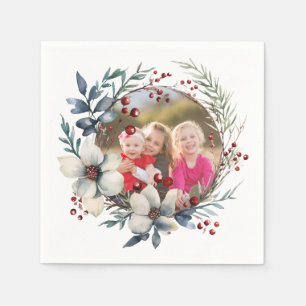Christmas wreath, white flowers, red berries photo napkin