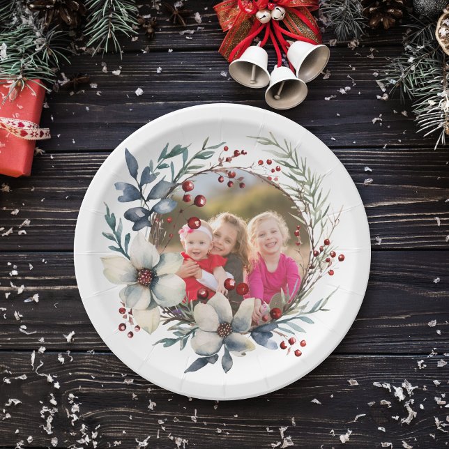 Christmas wreath, white flowers, red berries photo paper plate (Creator Uploaded)