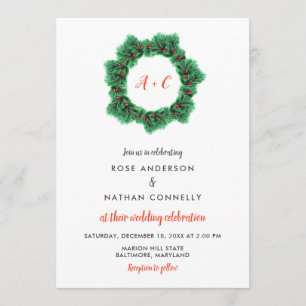 Christmas Wreath   Winter Wedding Monogram Invitation
