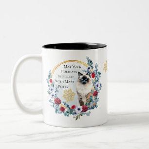 Christmas Wreath with Beautiful Cat Winter Holiday Two-Tone Coffee Mug