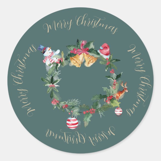 Christmas Wreath with Bells and Holly Classic Round Sticker (Front)