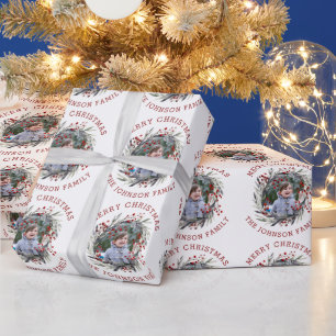 Christmas wreath with berries and leaves photo wrapping paper