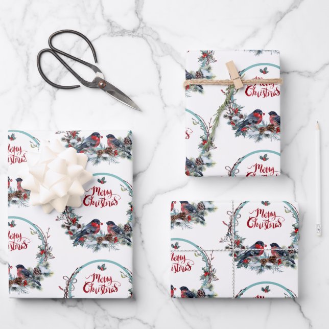 Christmas Wreath With Birds Wrapping Paper Sheet (Front)