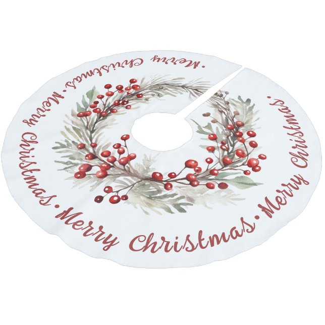 Christmas wreath with branches and red berries brushed polyester tree skirt (Angled)
