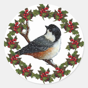 Christmas Wreath with Chickadee: Original Art Classic Round Sticker