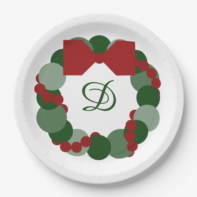 Christmas Wreath with Custom Monogram Party Plates (Front)