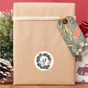 Christmas wreath with customisable initial classic round sticker