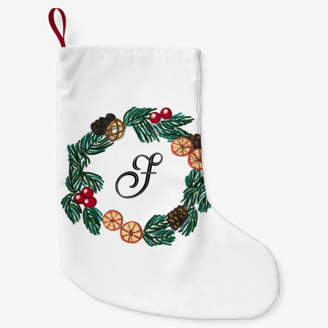 Christmas wreath with customisable initial small christmas stocking (Front)