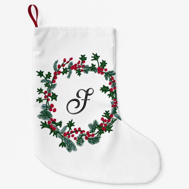 Christmas wreath with customisable initial small christmas stocking (Front)