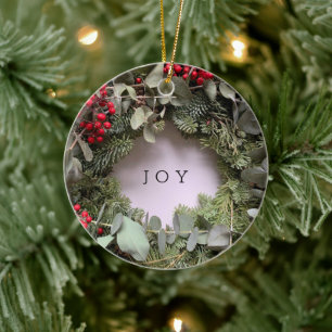 Christmas wreath with eucalyptus and berries ceramic ornament