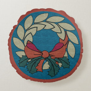 Christmas Wreath with Faux Raw Silk Texture Round Cushion