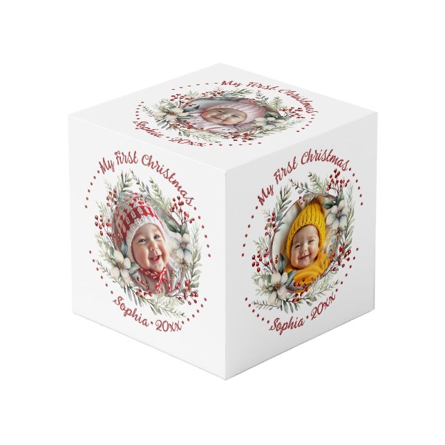 Christmas wreath with flowers berries photo cube (Front Angled)