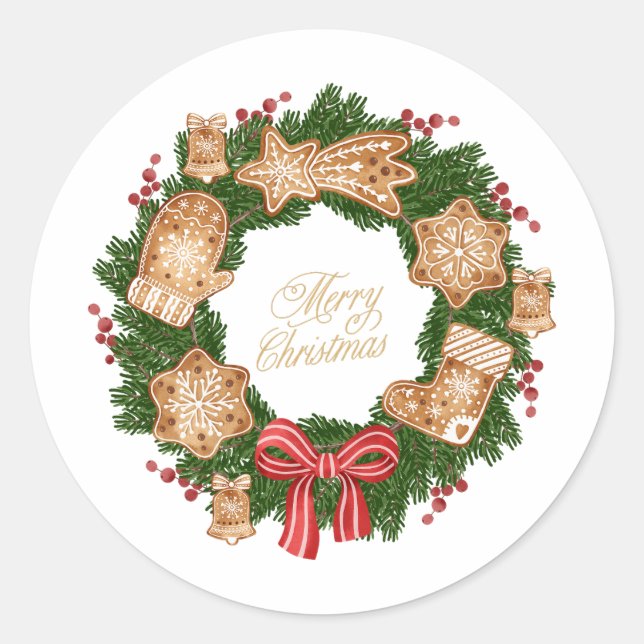 Christmas Wreath with Gingerbread Cookies, Berries Classic Round Sticker (Front)