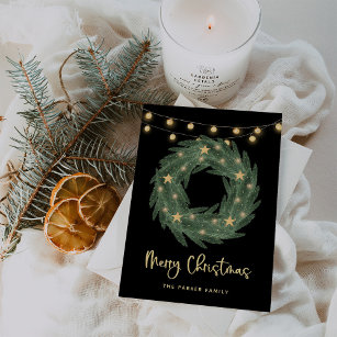 Christmas Wreath with Gold String Lights on Black Holiday Card