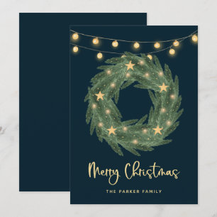 Christmas Wreath with Gold String Lights on Blue Holiday Card