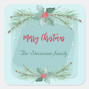 Christmas wreath with holly and spruce branches. square sticker