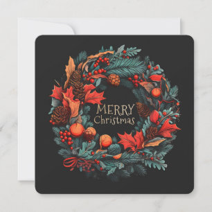 Christmas wreath with holly, mistletoe, pine cones holiday card