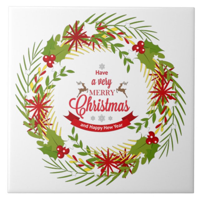 Christmas Wreath with Mistletoe Ceramic Tile (Front)