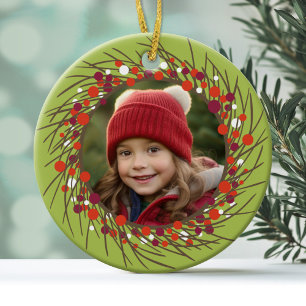 Christmas Wreath with Photo - Modern Berry Ceramic Ornament