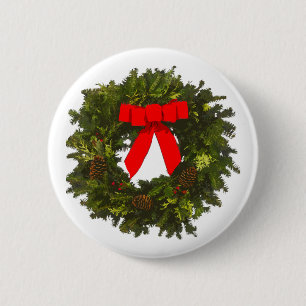 Christmas Wreath with Pine Cones and Red Bow 6 Cm Round Badge