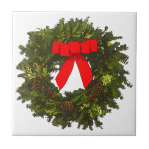 Christmas Wreath with Pine Cones and Red Bow Ceramic Tile