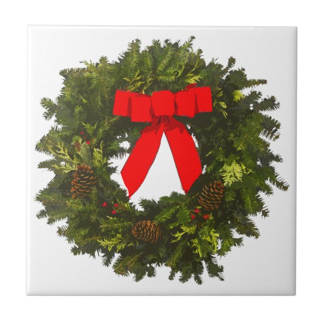 Christmas Wreath with Pine Cones and Red Bow Ceramic Tile (Front)