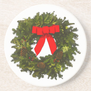 Christmas Wreath with Pine Cones and Red Bow Coaster