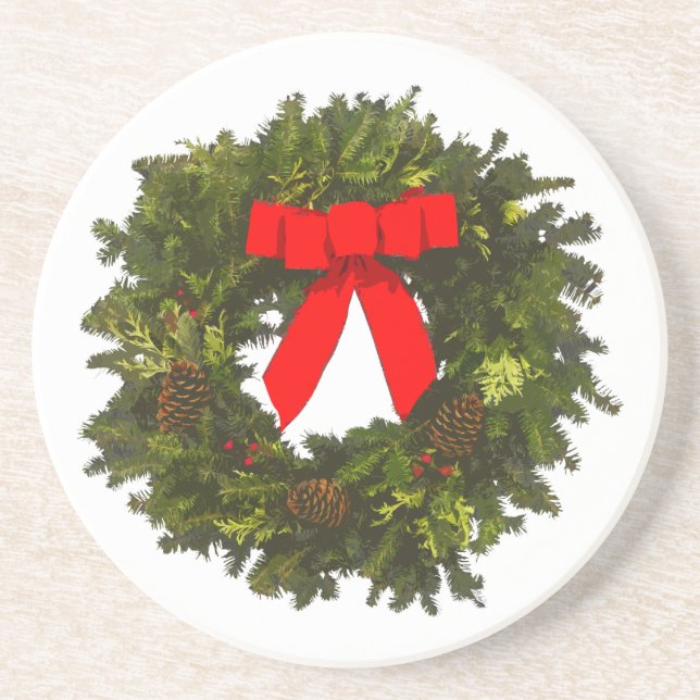 Christmas Wreath with Pine Cones and Red Bow Coaster (Front)