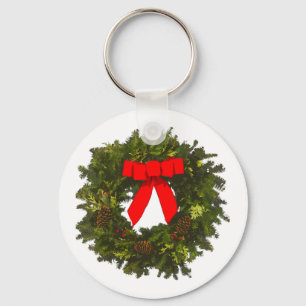 Christmas Wreath with Pine Cones and Red Bow Key Ring