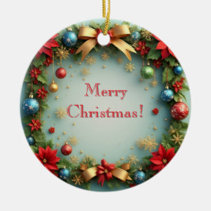 Christmas Wreath with Poinsettias Ceramic Ornament