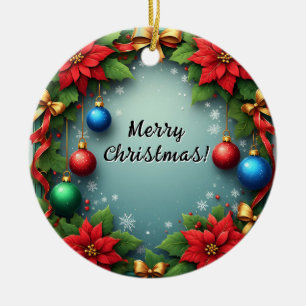 Christmas Wreath with Poinsettias Ceramic Ornament