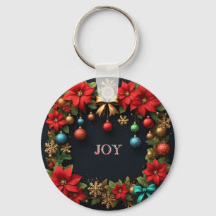 Christmas Wreath with Poinsettias Key Ring